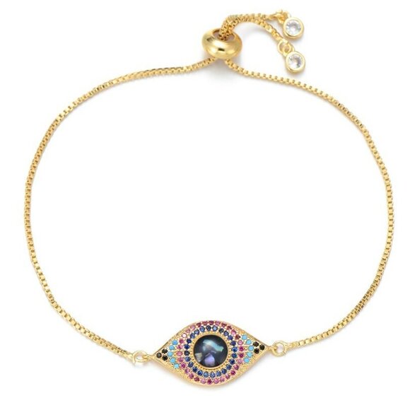 Evil Eye 18k Yellow Gold Multi-Color Sparkly Adjustable Bracelet - Picture 1 of 5